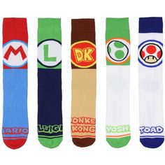 five pairs of socks with different logos on the bottom one is for mario, yoshi, and toad