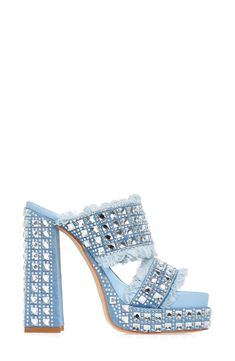 Sparkling crystals make a glam statement on a block-heel sandal finished with frayed edges for added textural appeal. 6" heel Synthetic upper, lining and sole Imported Womens Shoe Trends, Denim Heels Outfit, Statement Heels, Denim Heels, Denim Sandals, Azalea Wang, Womens Shoe, Embellished Heels, Square Toe Sandals