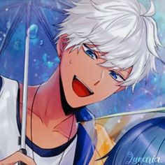 an anime character with white hair and blue eyes holds an umbrella in front of her face