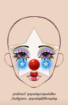 Good Clown Makeup, Clown Makeup Star Eyes, Fun Makeup Looks Halloween, Makeup Ideas Creative Inspiration, Bluey Makeup Looks, Cute Clown Makeup Ideas, Pride Clown Makeup, Drag Clown Makeup, Circus Makeup Ideas