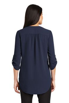 Port Authority ® Ladies 3/4-Sleeve Tunic Blouse. LW701 - TRUE NAVY - S | Port Authority Women's 3/4-Sleeve Tunic Blouse in True Navy Blue Size Small | Polyester Navy Blue Blouse, Port Authority, Long Tunic, True Blue, Tunic Blouse, Tunic Length, Work Shirts, Office Outfits, Blue Blouse