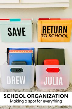 three storage bins with the words school organization on them