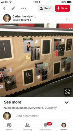 a bulletin board with pictures and numbers on it