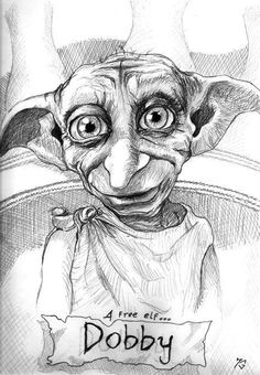 a black and white drawing of an evil looking person with the words dobby written on it