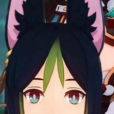 an anime character with black hair and blue eyes, wearing ears on top of her head