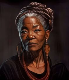 a painting of an older woman with braids on her head and wearing ear rings