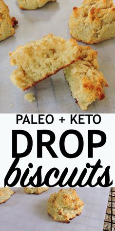 paleo and keto drop biscuits on a baking sheet with text overlay that reads paleo and keto drop biscuits