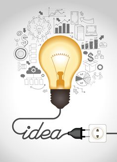 an electric light bulb with the word idea written on it and icons surrounding it in red