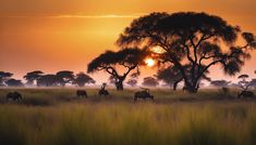 the sun is setting over an open field with animals grazing in front of trees and bushes