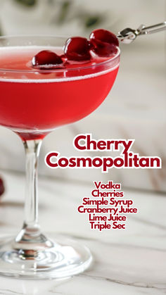 Cherry Cosmopolitan Cosmopolitan Martini, Cherry Drink Recipes, Cocktail Cherry Recipe, Fresh Cherry Cocktails, Cocktail Cherries Recipe, Cosmopolitan Drink Aesthetic, Cherry Vodka Cocktail Recipes, Red Alcoholic Drinks