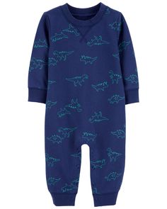 Crafted in soft cotton with dinos allover, this long-sleeve jumpsuit keeps him cozy on-the-go. Casual Cotton Onesie With Dinosaur Print, Blue Long Sleeve Jumpsuits And Rompers For Playtime, Blue Cotton Long Sleeve Bodysuit, Blue Long Sleeve Cotton Bodysuit, Casual Long Sleeve Blue Onesie, Casual Dinosaur Print Onesie For Playtime, Relaxed Fit Long Sleeve Cotton Onesie, Casual Long Sleeve Onesie With Relaxed Fit, Casual Long Sleeve Relaxed Fit Onesie