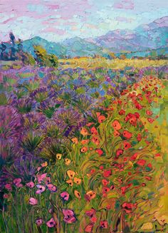 a painting of flowers and mountains in the background