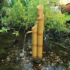 there is a water fountain made out of bamboo sticks in the middle of some rocks