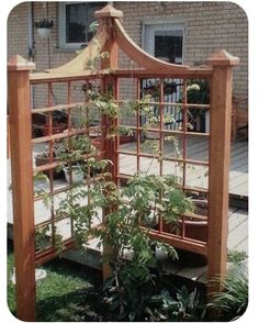 a wooden trellis with plants growing in it