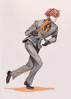 a drawing of a man in a suit with an orange tie holding a baseball bat