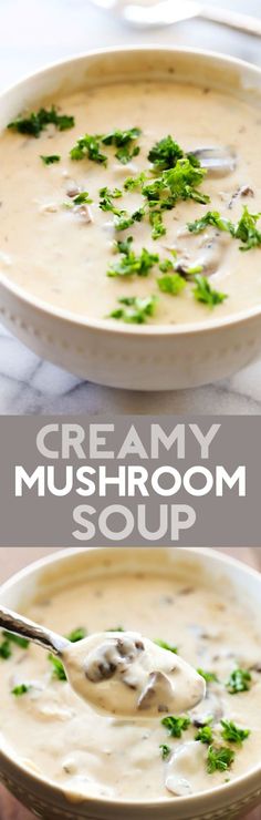 creamy mushroom soup in a white bowl with a spoon on the side and text overlay