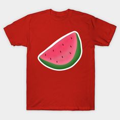 a red t - shirt with a watermelon cut in half