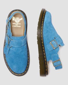 Jorge Made in England Suede Slingback Mules in Blue | Dr. Martens Jorge Slingback Outfit, Jorge Ii Mules, Doc Martens Slingback Mules, Blue Doc Martens, Blue Dr Martens, Slingback Mules, Denim On Denim, Blue Suede Shoes