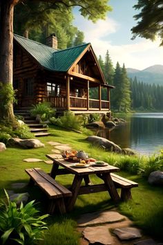 a picnic table in front of a cabin by the water with mountains and trees behind it