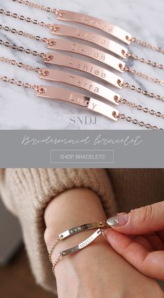 Personalized Chain Bracelet For Wedding On Mother's Day, Elegant Engraved Name Bracelet For Bridesmaid, Engraved Rose Gold Bracelets For Wedding, Elegant Name Bracelet For Bridesmaid Gift, Personalized Rose Gold Bracelets For Wedding, Minimalist Name Bracelet For Bridesmaid Gift, Personalized Rose Gold Wedding Bracelets, Silver Personalized Bracelets For Bridesmaid Gift, Elegant Bangle Name Bracelet For Bridesmaid Gift