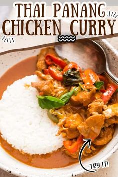 thai chicken curry with white rice in a bowl