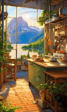 a painting of a kitchen with mountains in the background and potted plants on the counter