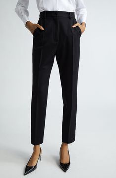 Inspired by the rich imagery of 1960s Sicily, these wool-blend gabardine trousers boast a clean, tailored silhouette and straight legs cropped at the ankle. Zip fly with button closure Front slant pockets; back welt pockets 89% virgin wool, 9% silk, 2% polyester Dry clean Made in Italy Designer Clothing Fitted Straight Silhouette Bottoms For Fall, Fitted Bottoms With Straight Silhouette For Fall, Chic Business Bottoms With Welt Pockets, Chic Workwear Bottoms With Straight Hem, Chic Straight Silhouette Pants For Fall, Chic Straight Hem Bottoms For Workwear, Chic Bottoms With Straight Hem For Work, Elegant Ankle-length Work Pants For Office, Fitted Pantsuit With Structured Boning