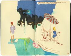 an open book with a drawing of people on the beach next to water and umbrellas