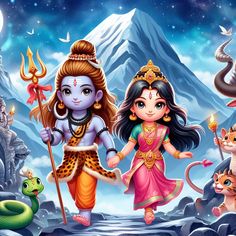 the god and goddess are walking in front of mountains with cats, snakes, and other animals