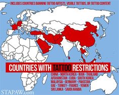 the world map shows countries with tattoo restrictions in red and white, as well as other