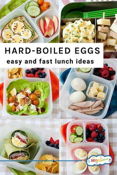 several pictures of food in plastic containers with the words hard boiled eggs easy and fast lunch ideas