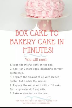 a cake with pink frosting on top and instructions for how to bake it