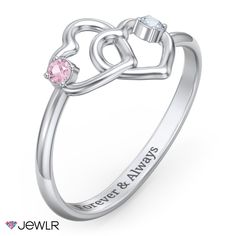 This adorable double heart design represents two people linked together through love! Personalize each heart with a birthstone or favorite gemstone and add a meaningful engraving to the base. Design this ring in your choice of sterling silver, white, yellow, or rose gold to create the perfect promise ring, Valentine's Day gift, or unique gift for someone special. White Gold Heart-shaped Birthstone Promise Ring, Heart-shaped White Gold Promise Birthstone Ring, Sterling Silver Heart Cut Ring For Anniversary, White Gold Heart-shaped Promise Birthstone Ring, Double Heart Birthstone Ring For Valentine's Day, Double Heart Birthstone Promise Ring For Valentine's Day, Valentine's Day Double Heart Birthstone Promise Ring, Valentine's Day Double Heart Promise Birthstone Ring, Heart-shaped White Gold Birthstone Ring For Anniversary