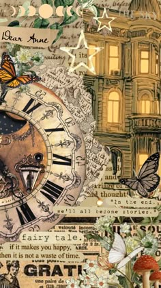 an altered photograph of a clock surrounded by flowers and butterflies