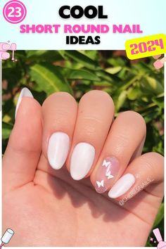 Soft pink short round nails with white butterflies, gel polish, delicate and feminine, great for romantic occasions or adding a unique touch to your look, featuring a glossy finish. Nails With White, White Butterflies, White Butterfly, Nice Shorts