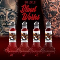 three bottles of tattoo ink with the words blood works on them and an image of a man's face