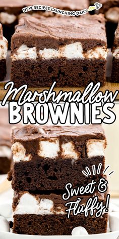 two pictures of brownies with marshmallows and chocolate frosting on top