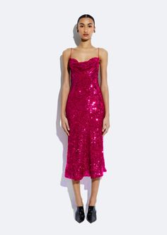 Sequin viscose midi dress with cowl neckline and adjustable back tie. True to size. Material: 100% Viscose Care: Professional Dry Clean Only Pink Sequin Dress, Feather Dress, Cowl Neckline, Pink Sequin, Pink And Red, Runway Collection, Pink Pink, Bridal Collection, Bridal Accessories