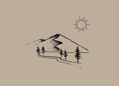 a drawing of a mountain with trees and sun in the sky on it's side