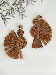 "Handmade camel color spiral raffia earrings.  This is an special and unique accesory handmade with love💗, for everyday, and matches with all outfits. Also  is great for special occasions as weddings, anniversary, ... The earrings are perfect for the bride and her bridesmaids.   All the  items are 100% handmade from natural fibers 🍃.Please allow for any color and sizing variations, or natural imperfections created during the hand making process. No two handmade items are alike.  I make sure that each piece made in my workshop is as good as the one shown.  📏 Size: 3.5\" (9 cm) x 2.3\"(6cm) approximately  🌈Color: camel, brown. Ask me if you need another color. 🌎PROCESSING + SHIPPING TIMES: Your earrings will ship within 1-2 business days after purchase if they are in stock. If we need t Brown Tassel Earrings For Summer, Summer Brown Tassel Earrings, Handmade Brown Tassel Earrings, Brown Bohemian Tassel Earrings For Summer, Bohemian Brown Tassel Earrings For Summer, Brown Dangle Tassel Earrings For Summer, Beach Jewelry With Brown Tassels, Beige Bohemian Fringe Earrings, Summer Brown Tassel Jewelry