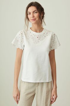 Feminine eyelet lace on our soft cotton slub fabric makes the Liesle top perfect for dressing up or down and still feeling like you're wearing a sweatshirt. Fitting: Slim Fit Sizing Recommendation: True to Size as determined Loungewear Dresses, Lace Tee, Lace Tshirt, Bespoke Tailoring, Eyelet Top, Eyelet Dress, Night Out Dress, Eyelet Lace, Ribbed Neckline