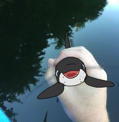 a hand holding up a sticker with an orca whale on it's face