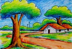 a drawing of a country road with houses and trees in the background, drawn by colored pencils