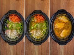 three pictures show the process of making chicken and rice in an air fryer pot