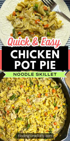 chicken pot pie with noodles and vegetables in it