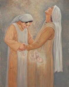 a painting of two people touching hands