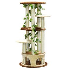 a cat tree that has plants growing out of it