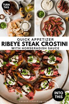 the recipe for ribeye steak crostini with horseradish sauce is shown