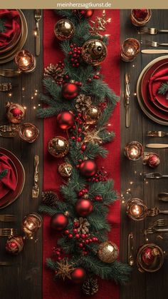 a christmas table setting with red and gold decorations