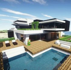 a large modern house with a pool in the middle and lots of greenery on the roof